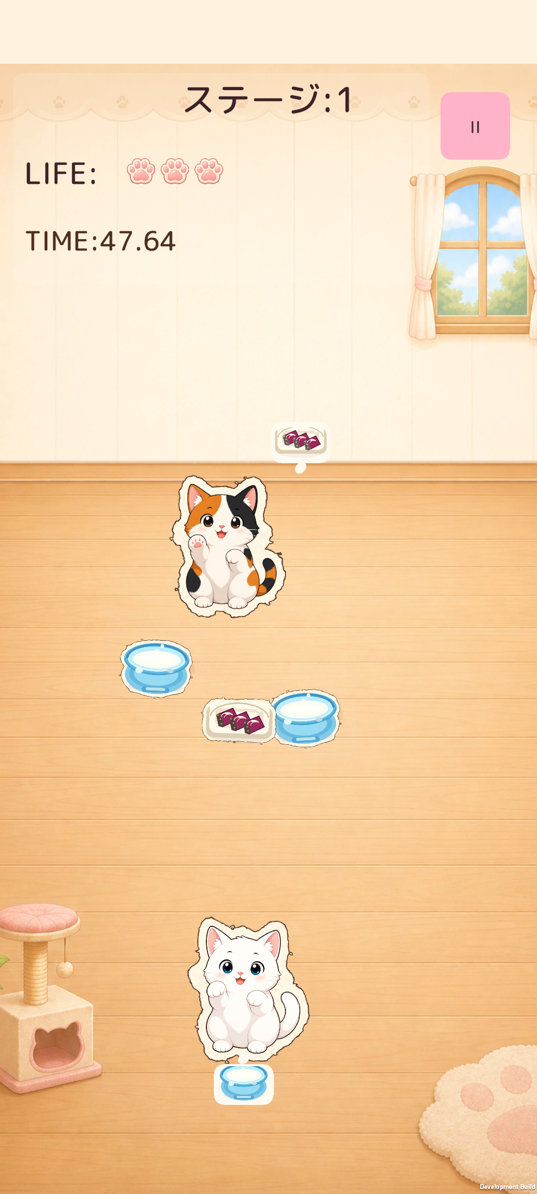 猫が欲しがるおやつを仕分けるステージ1のプレイ画面